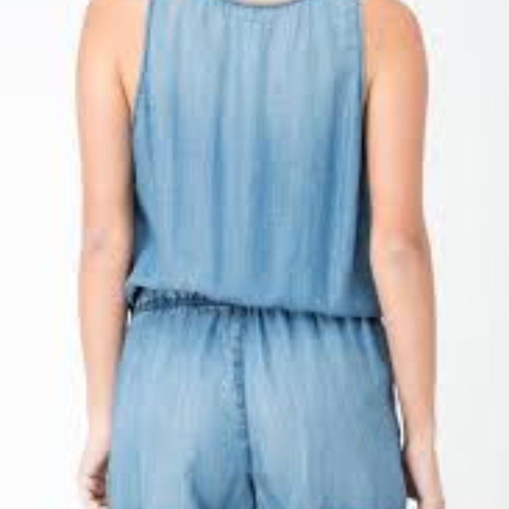 NWT Sneak Peek Chambray Denim Tie Waist Romper S - Picture 3 of 6